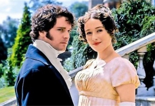 An image of Mr Darcy and Elizabeth Bennett smiling at the camera