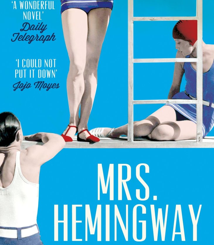 Book cover of 'Mrs Hemingway' by Naomi Wood, featuring cartoon people in bathing suits