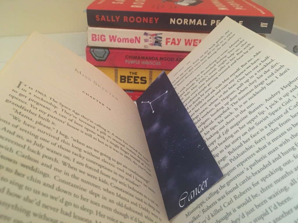 An open book has a star sign bookmark in the middle. The star sign is cancer.