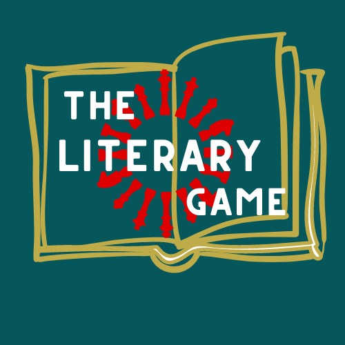 The Literary Game logo, "The Literary Game" with a book in the background