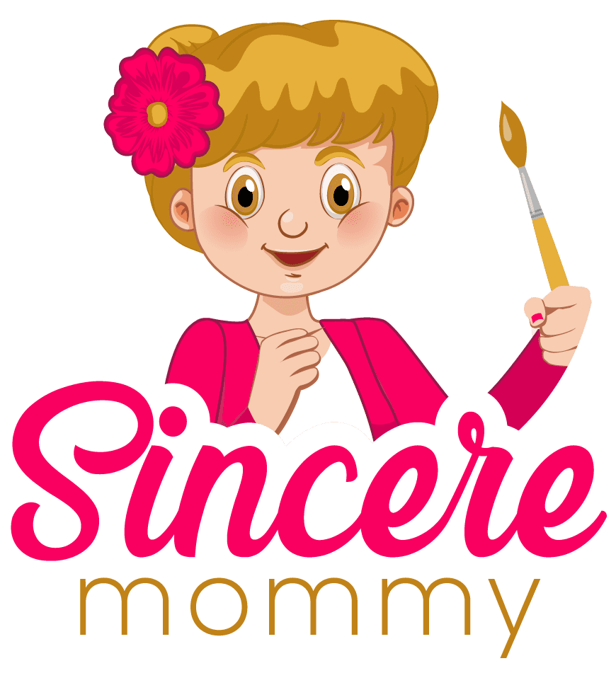A cartoon woman holds a paintbrush, with the words "Sincere Mommy" below. A logo for a blog by the same name,