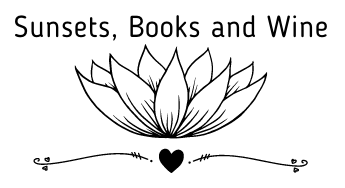 Sunsets, Books, and Wine blog logo, with a lotus flower