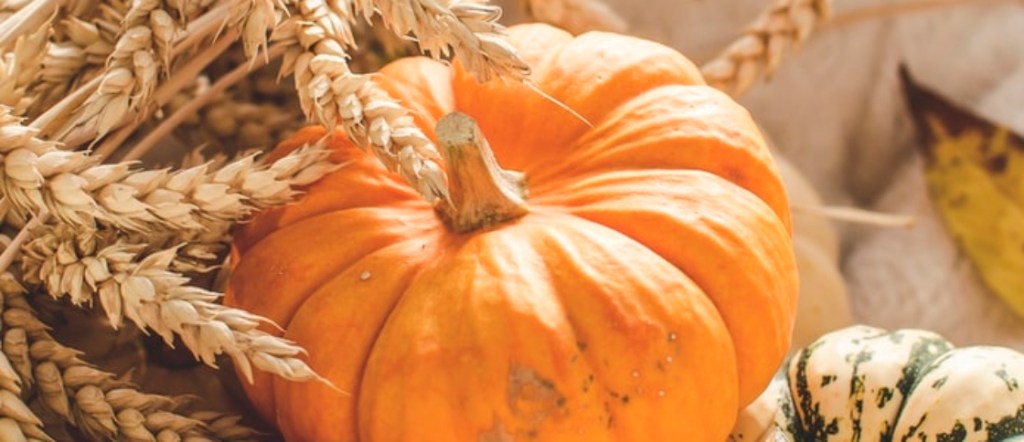 A pumpkin beside a hay bale.