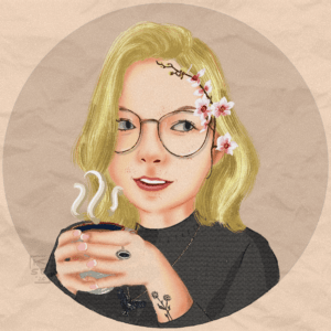 cartoon woman holding a cup of tea