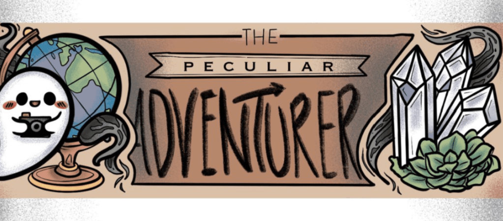 Logo from "The Peculiar Adventurer" blog, featuring crystals and a cartoon ghost.