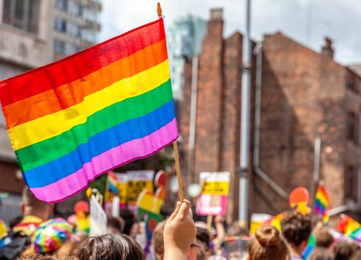 The top of a Pride march, hands holding Pride flags
