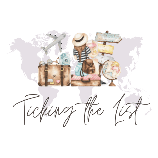 Logo for Ellie's blog "Ticking the List" which features a drawing of a young woman in front of a grey map of the world.