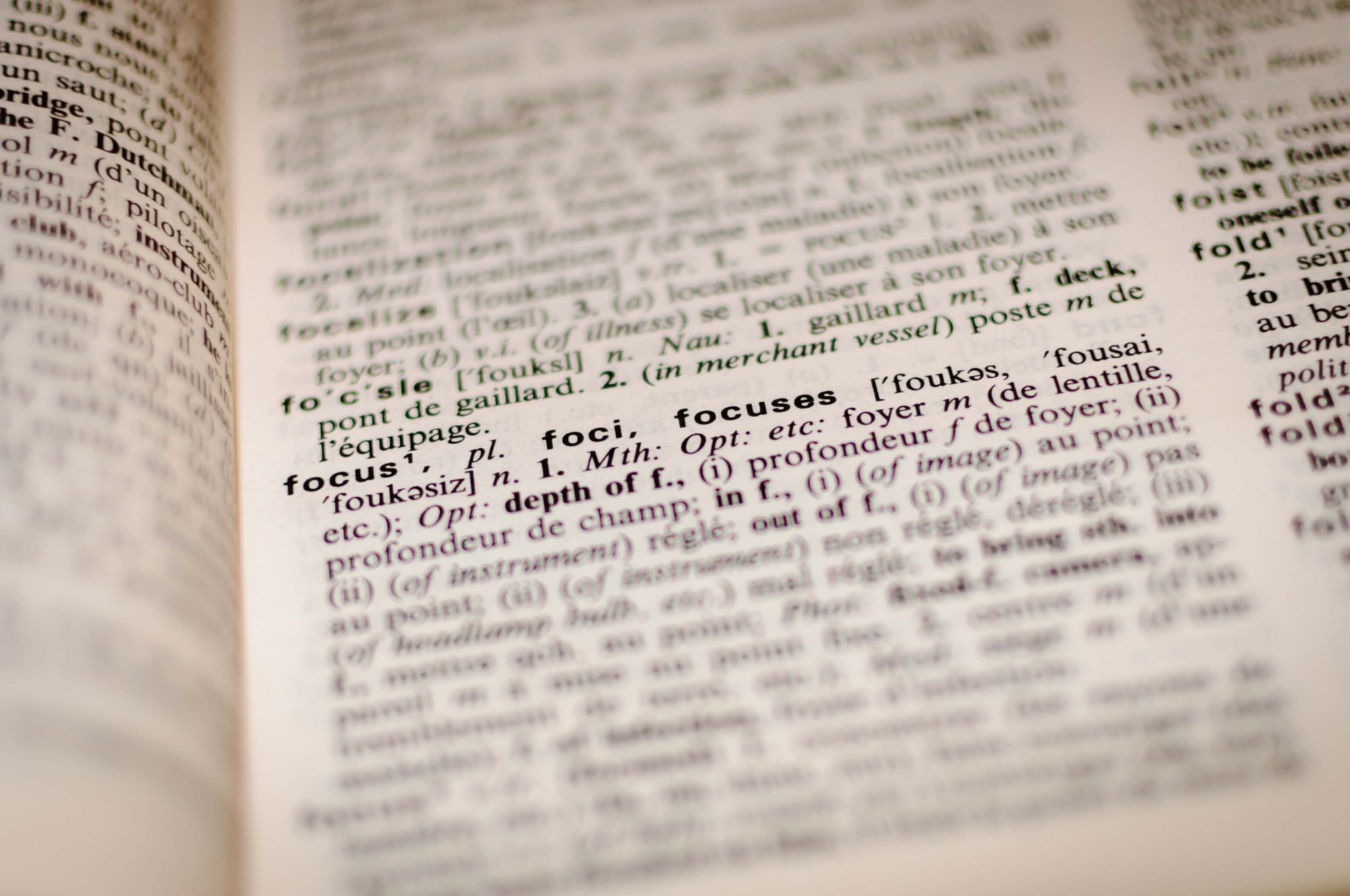 zoomed in dictionary page - the word "focus" in different languages