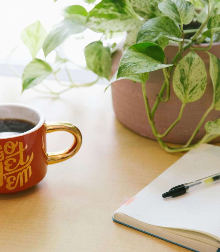mug of coffee with a plant and an open notebook and pen