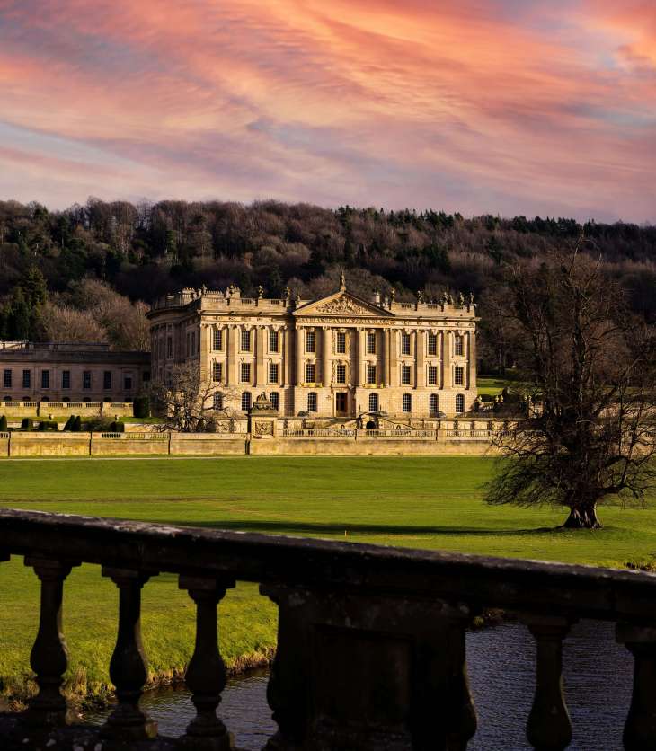 chatsworth stately home with a red sky