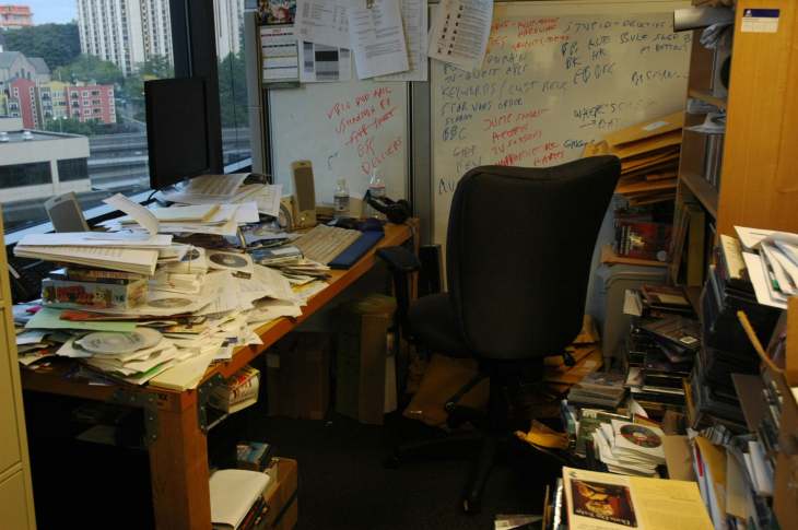 cluttered messy and untidy office, lots of papers and writing on a whiteboard